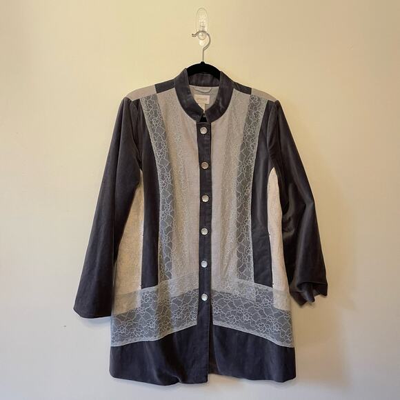 Chico’s 2 mini dress long sleeve lace floral velour button up gray white - Picture 1 of 8